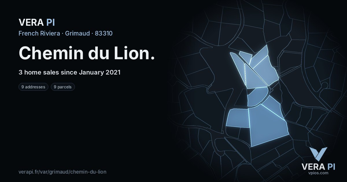 Chemin du Lion, Grimaud at night – every parcel coloured by the prices around it, the street's own parcels lit