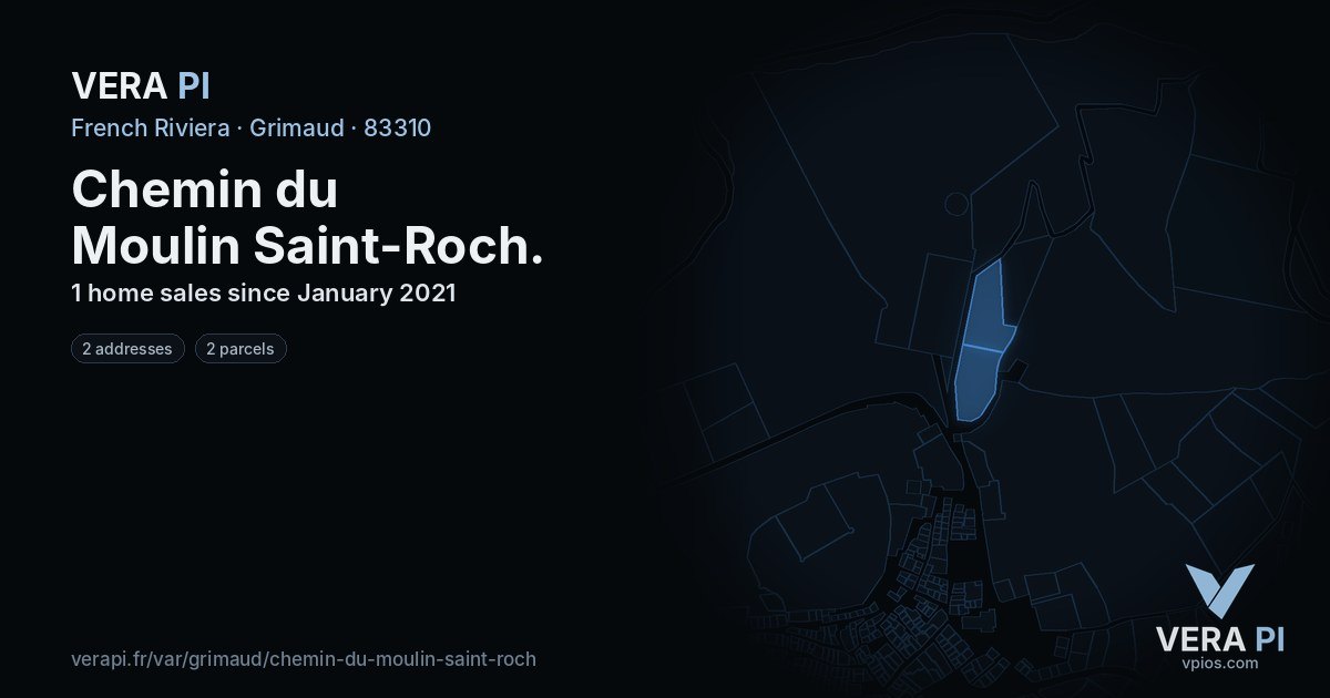 Chemin du Moulin Saint-Roch, Grimaud at night – every parcel coloured by the prices around it, the street's own parcels lit