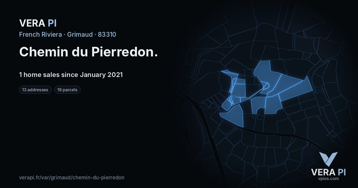 Chemin du Pierredon, Grimaud at night – every parcel coloured by the prices around it, the street's own parcels lit