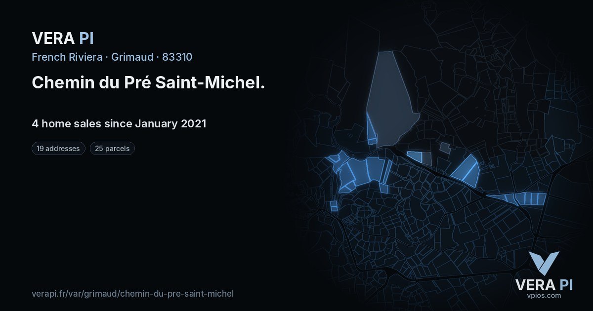 Chemin du Pré Saint-Michel, Grimaud at night – every parcel coloured by the prices around it, the street's own parcels lit