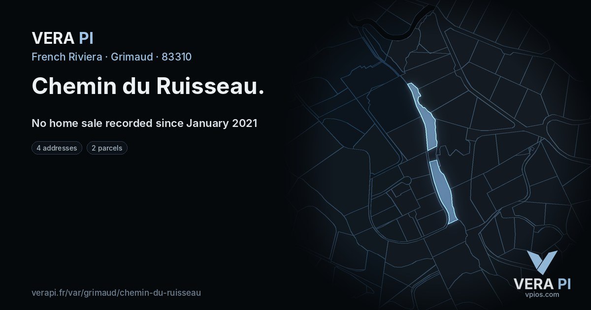 Chemin du Ruisseau, Grimaud at night – every parcel coloured by the prices around it, the street's own parcels lit
