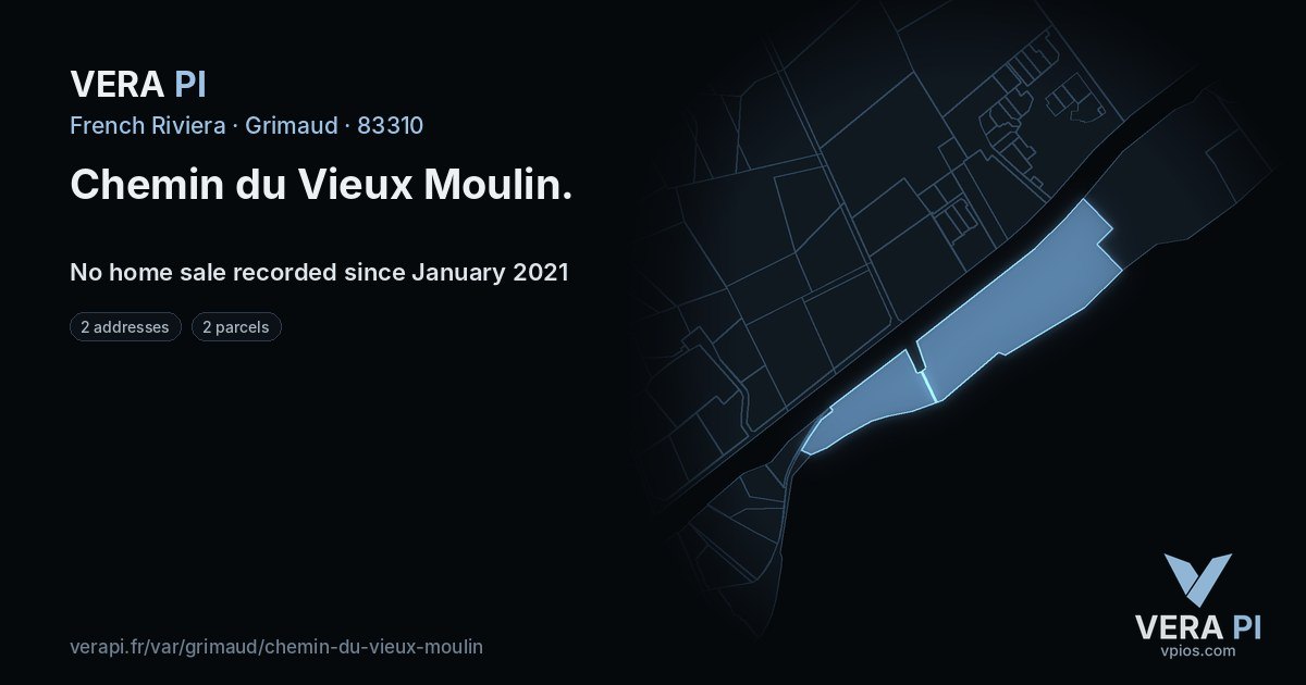 Chemin du Vieux Moulin, Grimaud at night – every parcel coloured by the prices around it, the street's own parcels lit