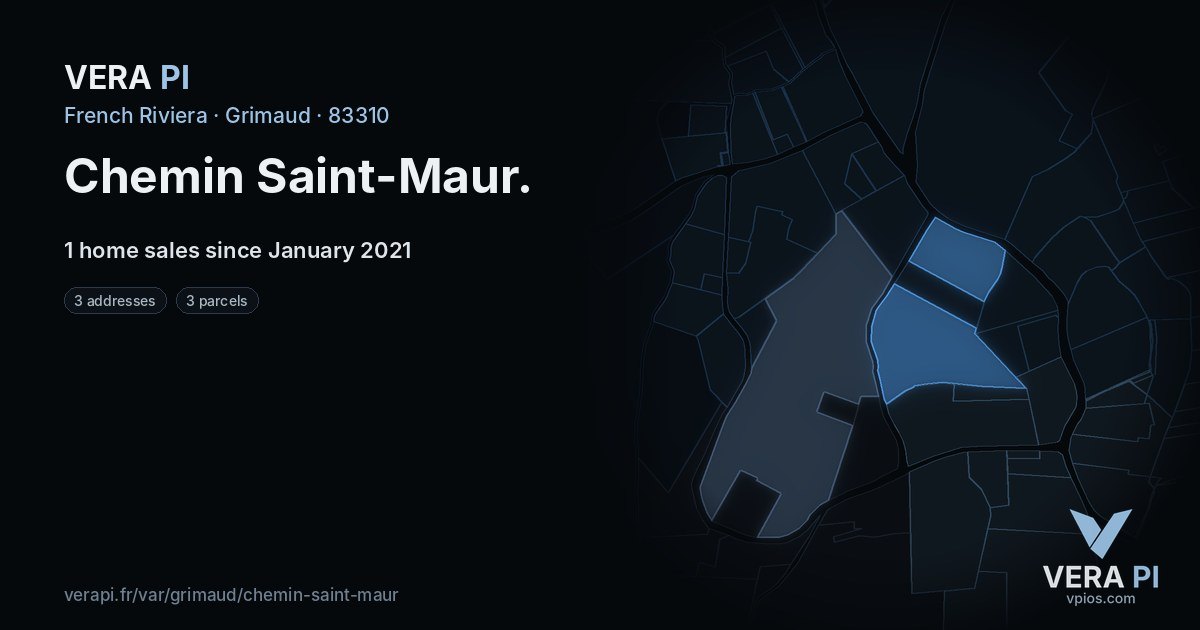 Chemin Saint-Maur, Grimaud at night – every parcel coloured by the prices around it, the street's own parcels lit