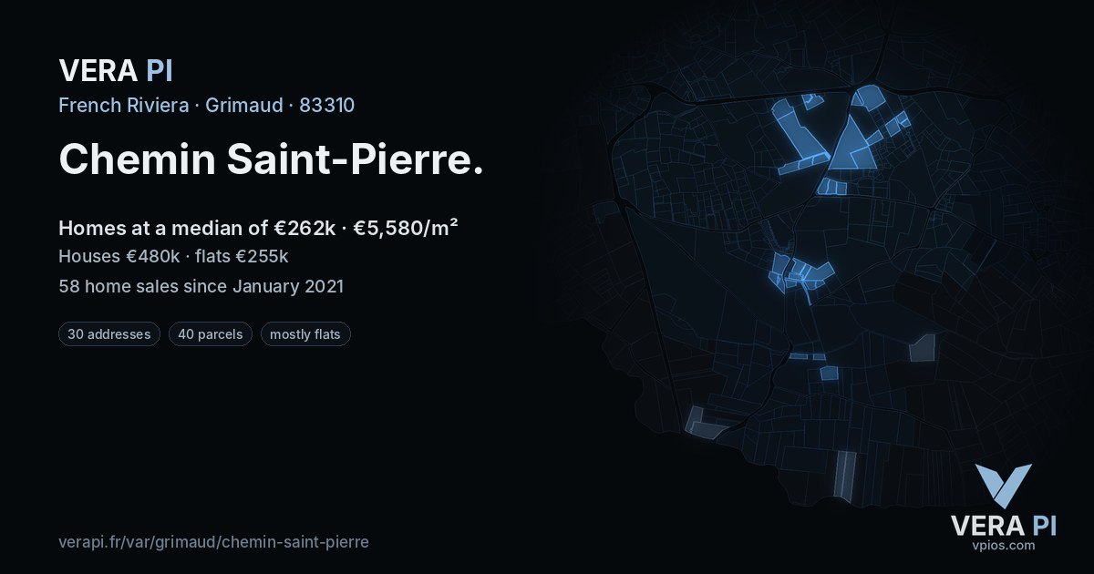 Chemin Saint-Pierre, Grimaud at night – every parcel coloured by the prices around it, the street's own parcels lit