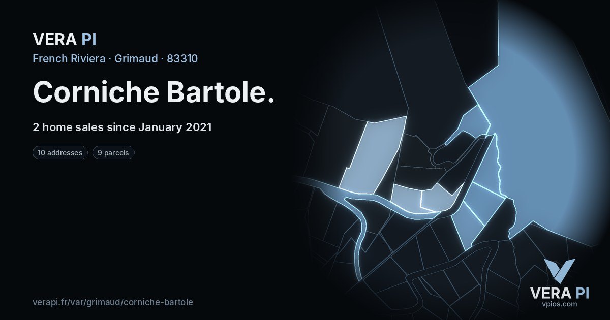 Corniche Bartole, Grimaud at night – every parcel coloured by the prices around it, the street's own parcels lit