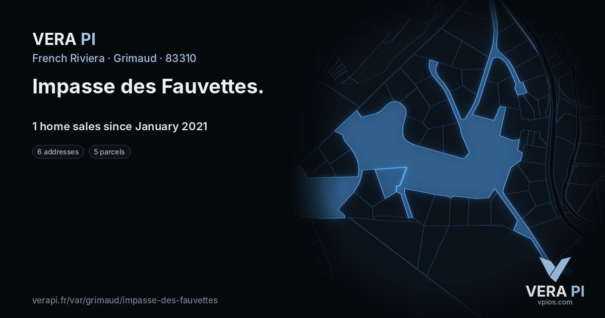 Impasse des Fauvettes, Grimaud at night – every parcel coloured by the prices around it, the street's own parcels lit
