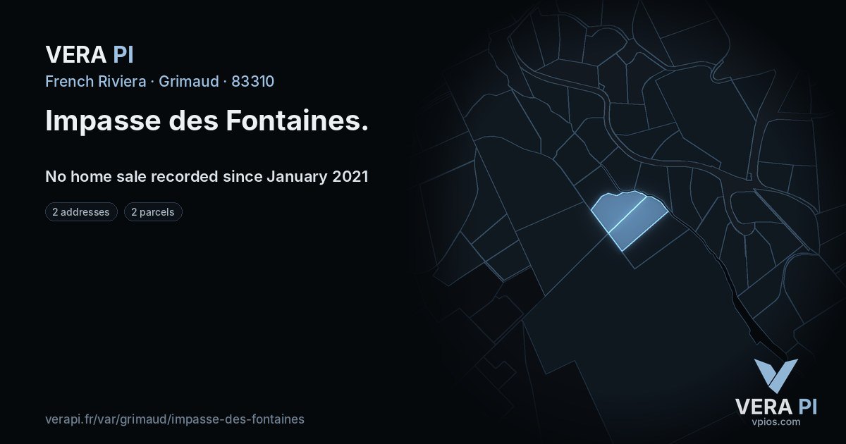 Impasse des Fontaines, Grimaud at night – every parcel coloured by the prices around it, the street's own parcels lit