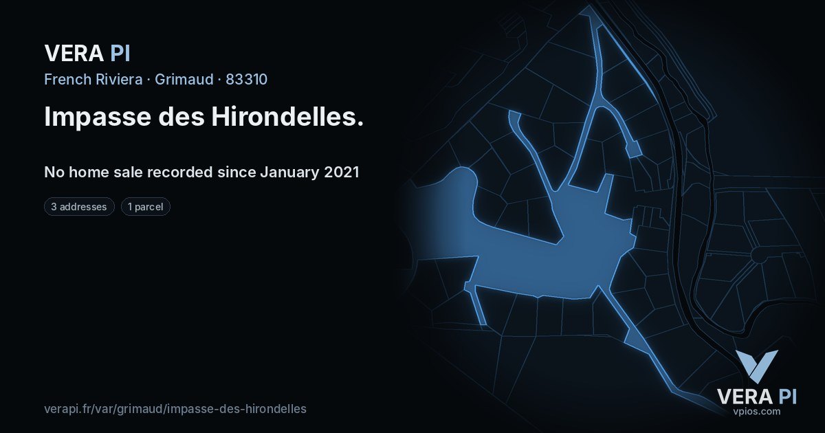 Impasse des Hirondelles, Grimaud at night – every parcel coloured by the prices around it, the street's own parcels lit
