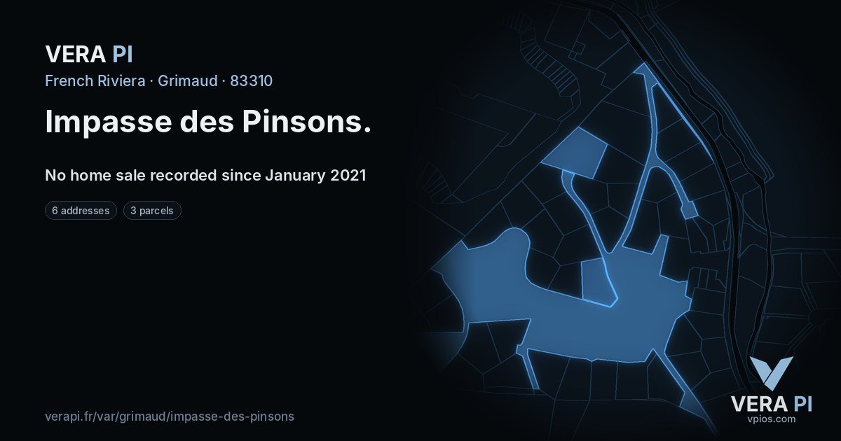 Impasse des Pinsons, Grimaud at night – every parcel coloured by the prices around it, the street's own parcels lit