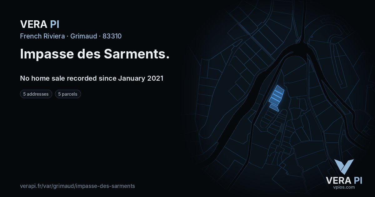 Impasse des Sarments, Grimaud at night – every parcel coloured by the prices around it, the street's own parcels lit