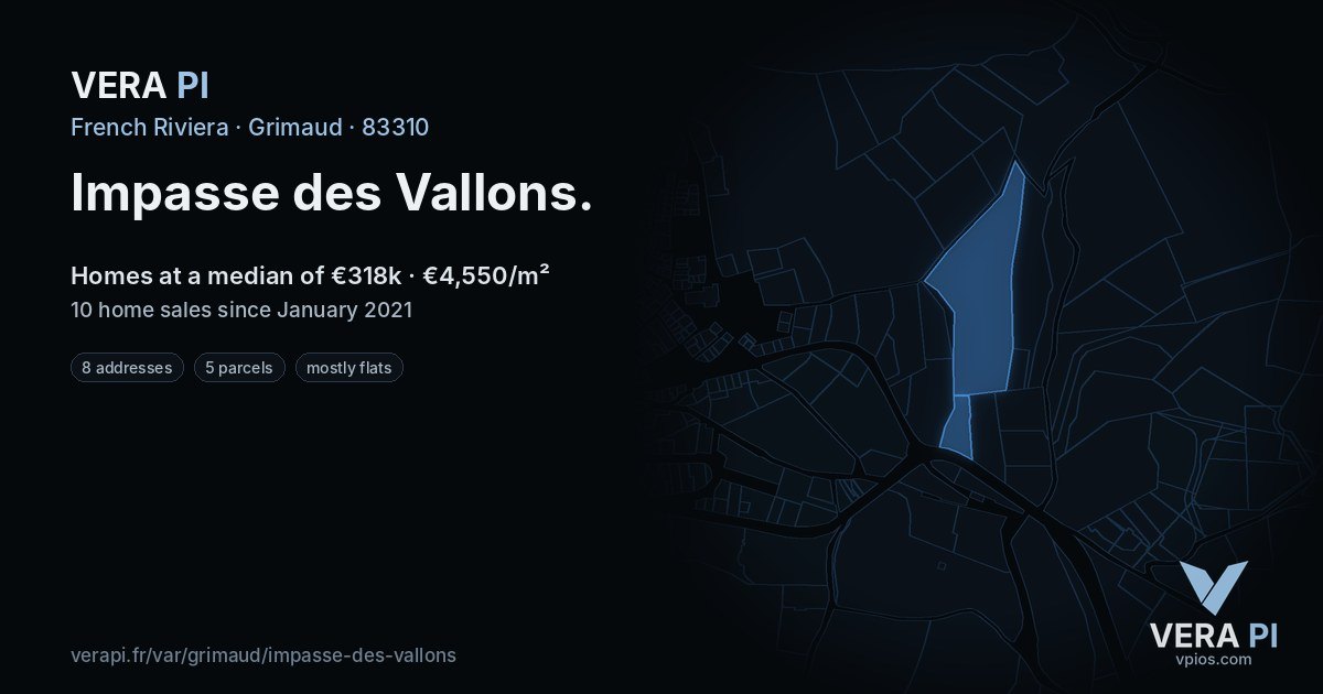 Impasse des Vallons, Grimaud at night – every parcel coloured by the prices around it, the street's own parcels lit