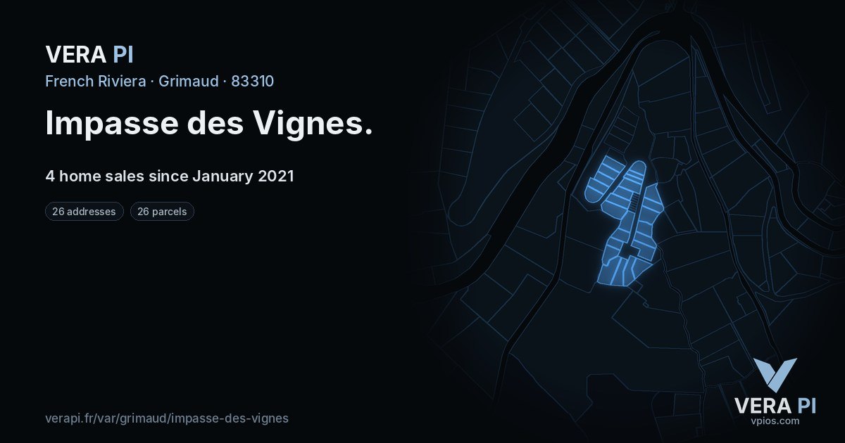Impasse des Vignes, Grimaud at night – every parcel coloured by the prices around it, the street's own parcels lit