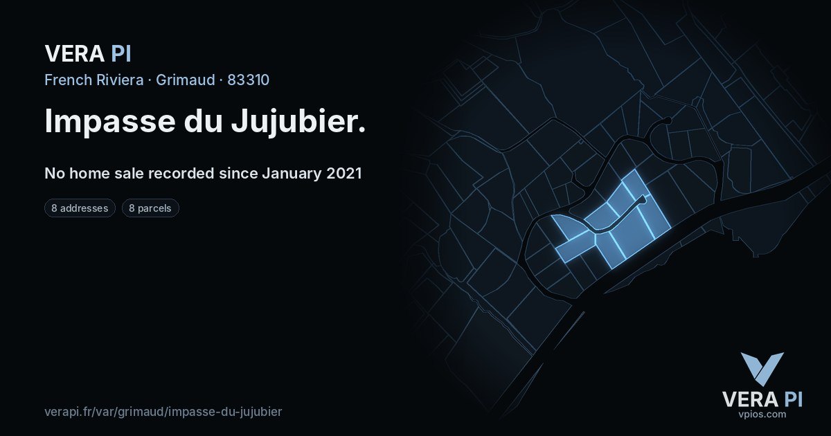 Impasse du Jujubier, Grimaud at night – every parcel coloured by the prices around it, the street's own parcels lit