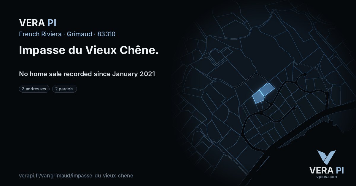 Impasse du Vieux Chêne, Grimaud at night – every parcel coloured by the prices around it, the street's own parcels lit