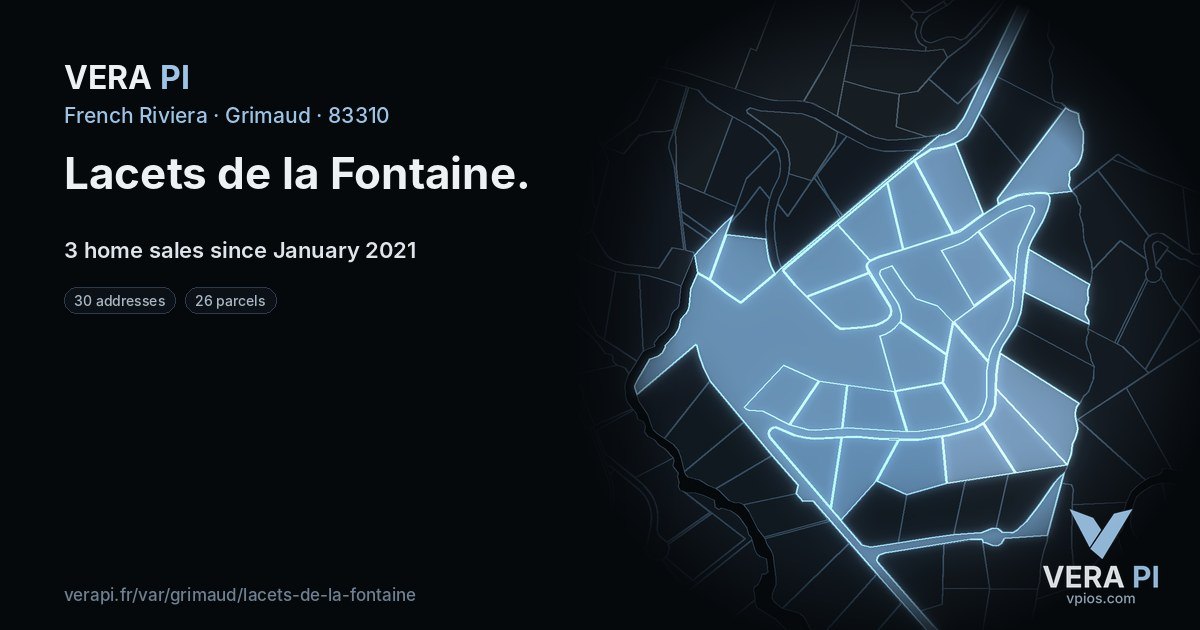 Lacets de la Fontaine, Grimaud at night – every parcel coloured by the prices around it, the street's own parcels lit