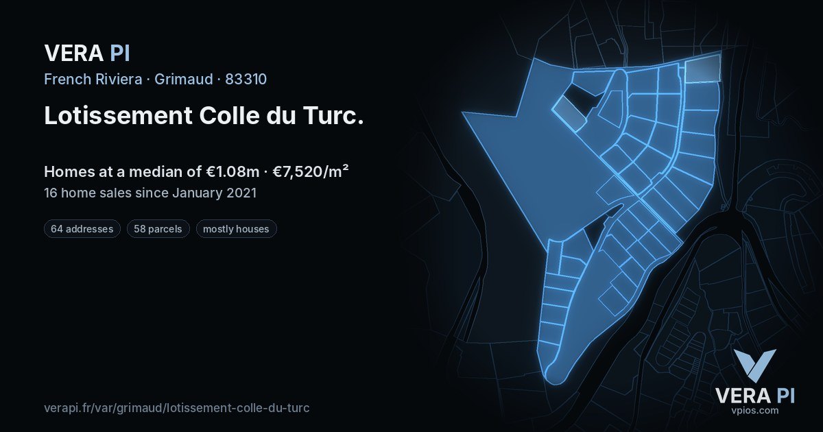 Lotissement Colle du Turc, Grimaud at night – every parcel coloured by the prices around it, the street's own parcels lit