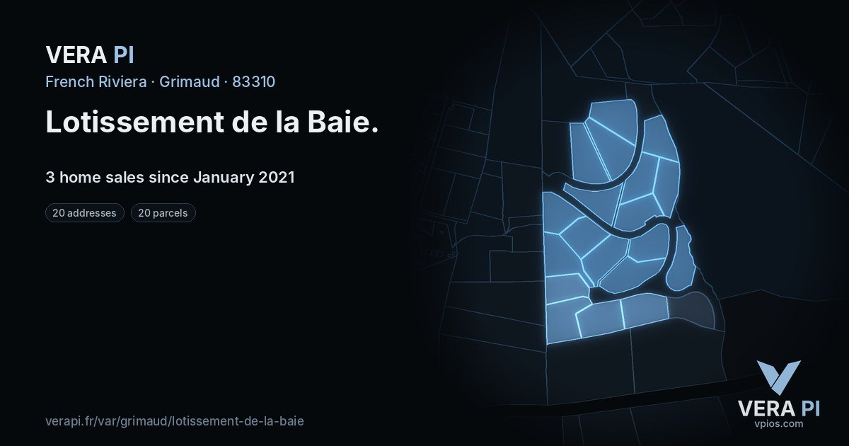 Lotissement de la Baie, Grimaud at night – every parcel coloured by the prices around it, the street's own parcels lit