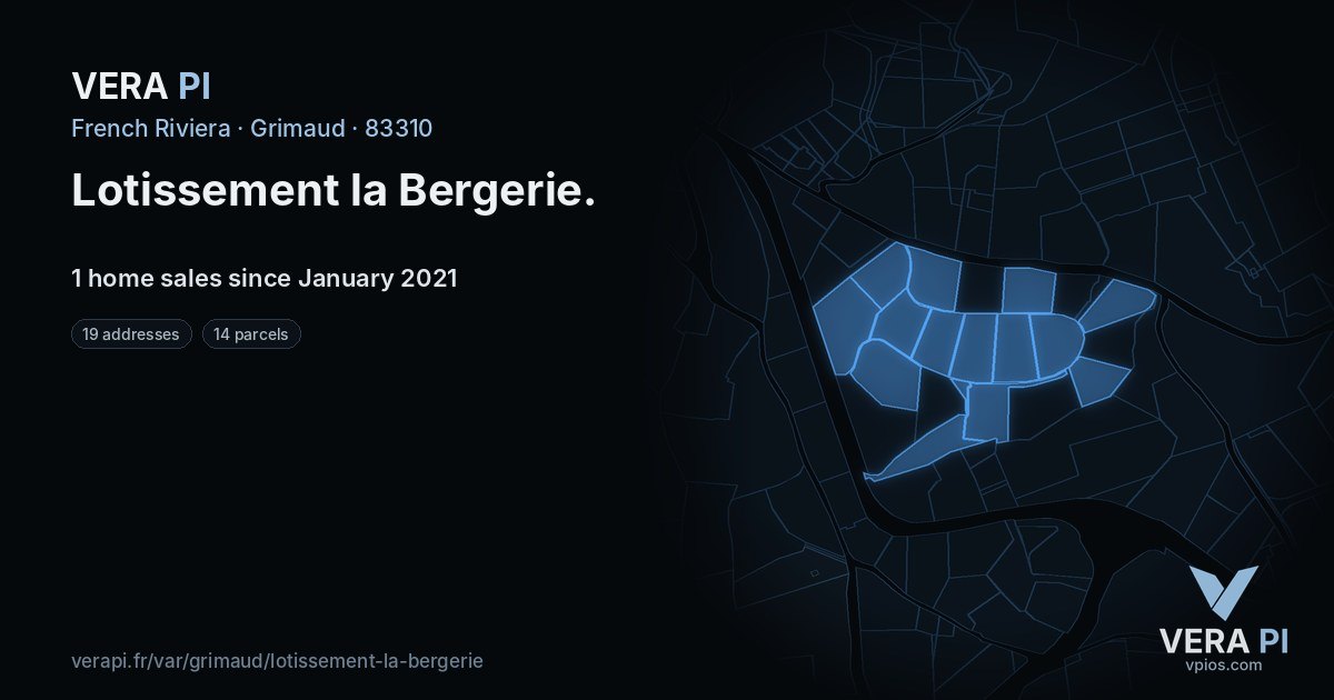 Lotissement la Bergerie, Grimaud at night – every parcel coloured by the prices around it, the street's own parcels lit