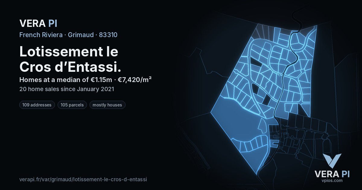 Lotissement le Cros d’Entassi, Grimaud at night – every parcel coloured by the prices around it, the street's own parcels lit