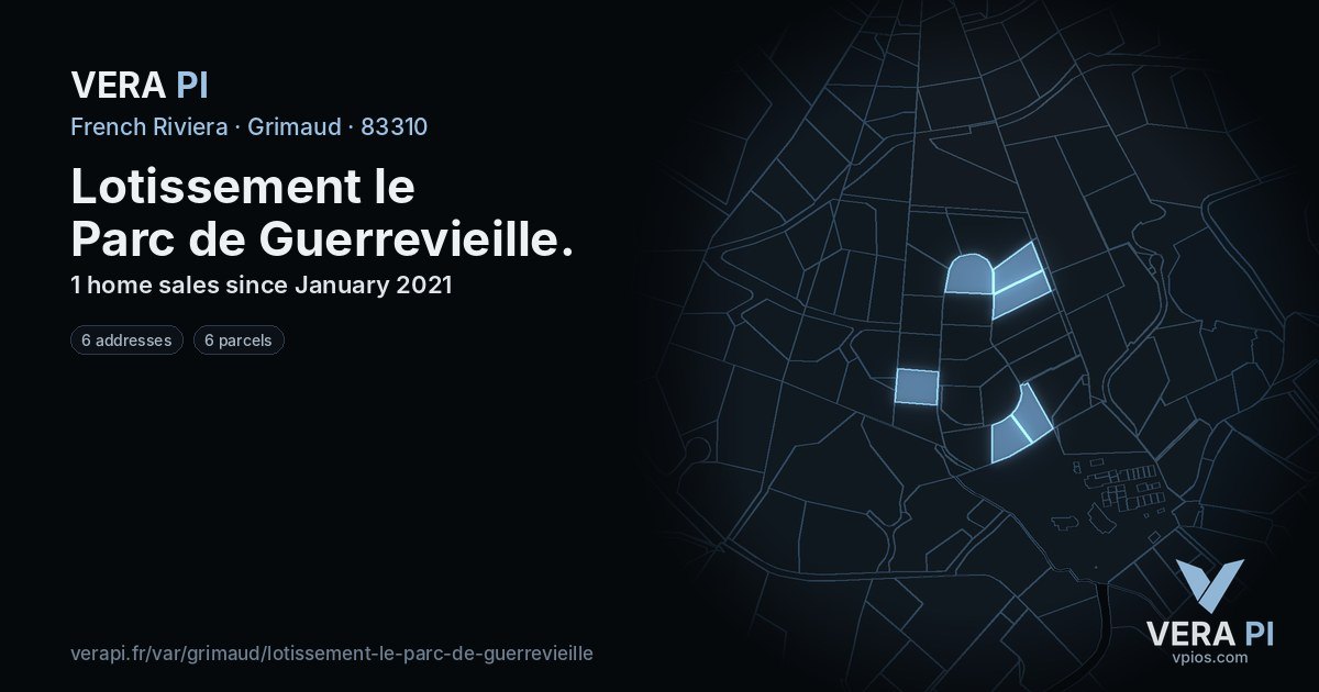 Lotissement le Parc de Guerrevieille, Grimaud at night – every parcel coloured by the prices around it, the street's own parcels lit