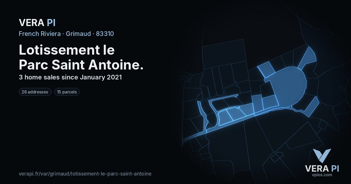 Lotissement le Parc Saint Antoine, Grimaud at night – every parcel coloured by the prices around it, the street's own parcels lit