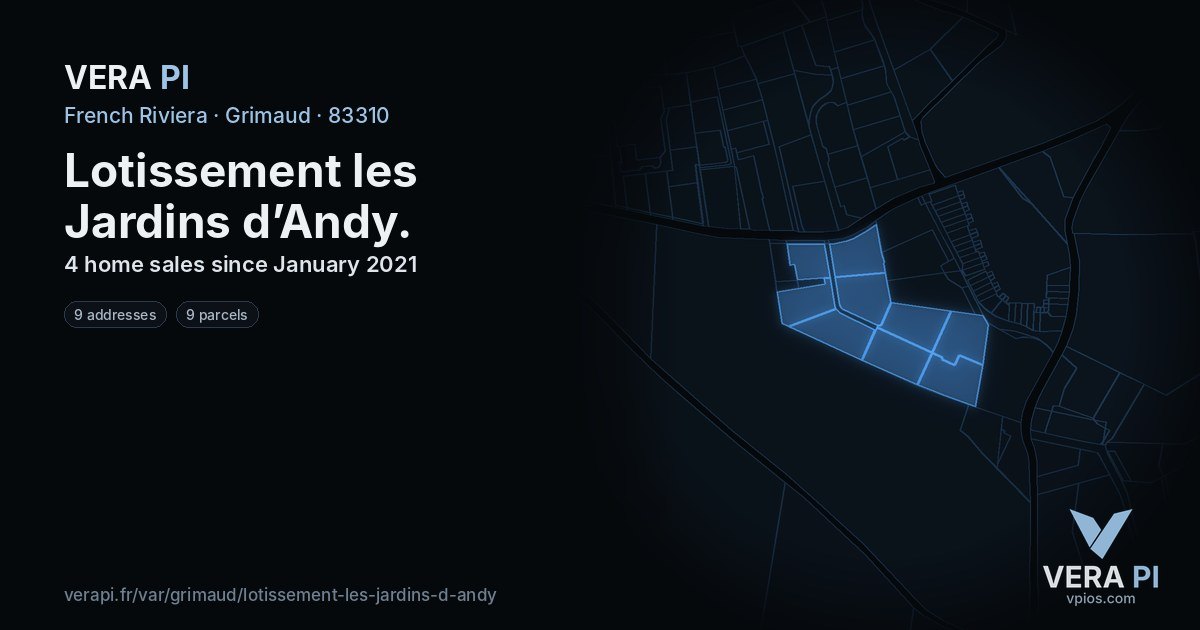 Lotissement les Jardins d’Andy, Grimaud at night – every parcel coloured by the prices around it, the street's own parcels lit