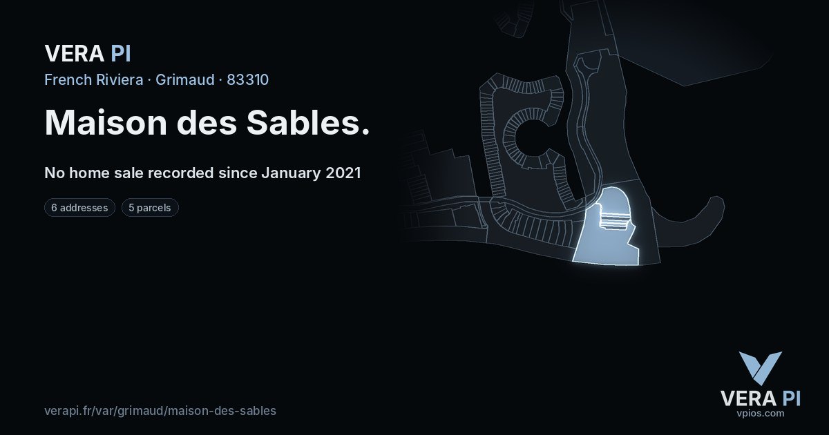 Maison des Sables, Grimaud at night – every parcel coloured by the prices around it, the street's own parcels lit