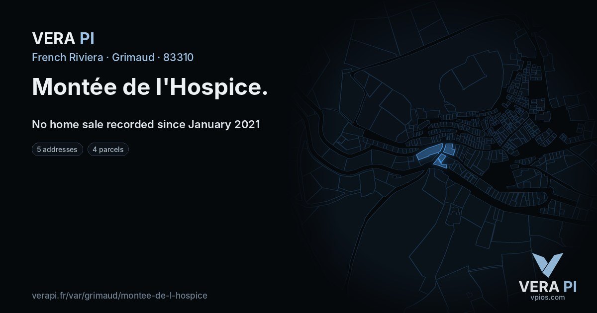 Montée de l'Hospice, Grimaud at night – every parcel coloured by the prices around it, the street's own parcels lit