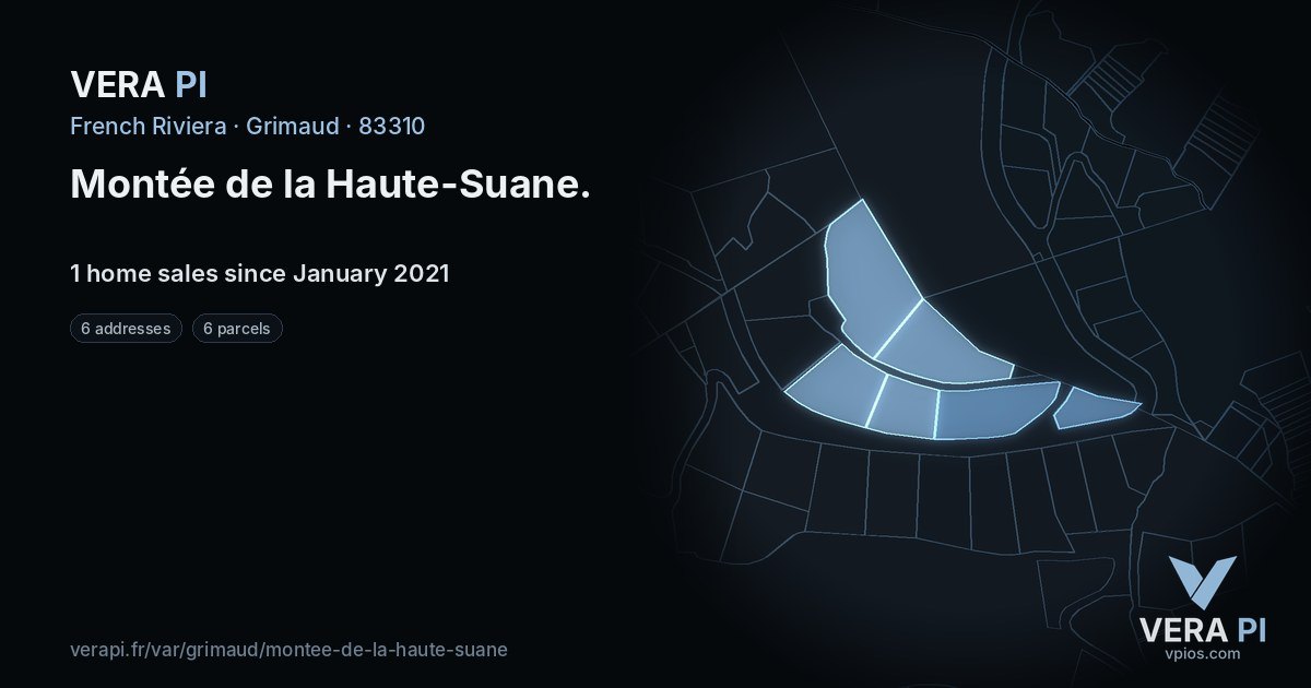 Montée de la Haute-Suane, Grimaud at night – every parcel coloured by the prices around it, the street's own parcels lit