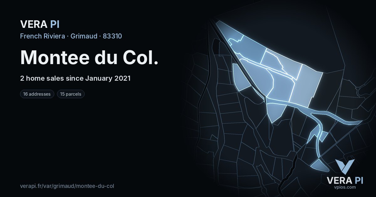 Montee du Col, Grimaud at night – every parcel coloured by the prices around it, the street's own parcels lit