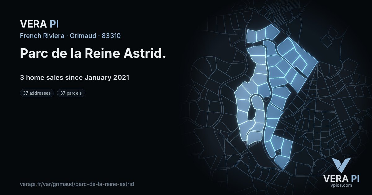Parc de la Reine Astrid, Grimaud at night – every parcel coloured by the prices around it, the street's own parcels lit