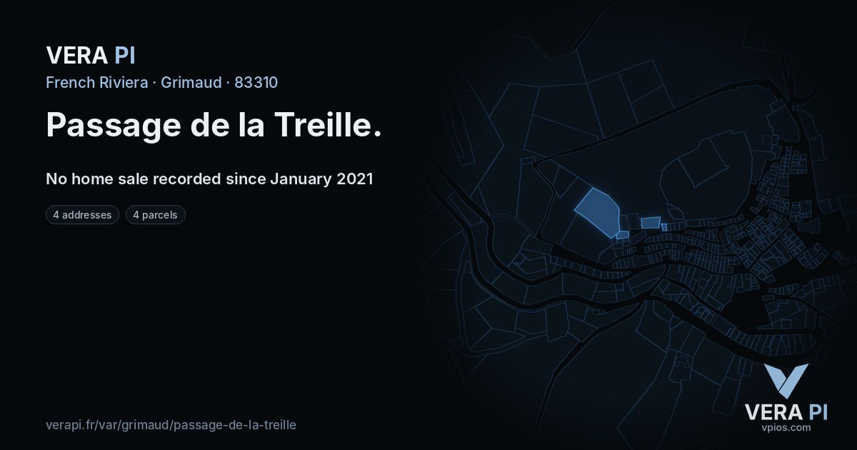 Passage de la Treille, Grimaud at night – every parcel coloured by the prices around it, the street's own parcels lit