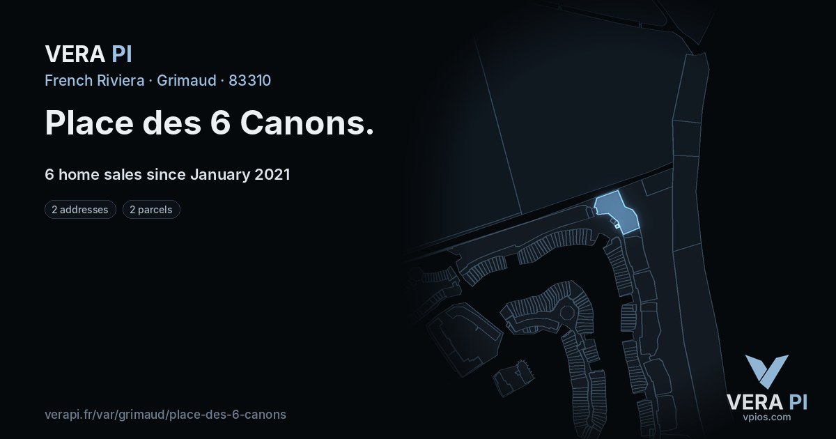 Place des 6 Canons, Grimaud at night – every parcel coloured by the prices around it, the street's own parcels lit