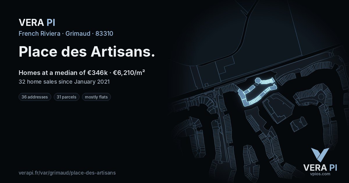Place des Artisans, Grimaud at night – every parcel coloured by the prices around it, the street's own parcels lit