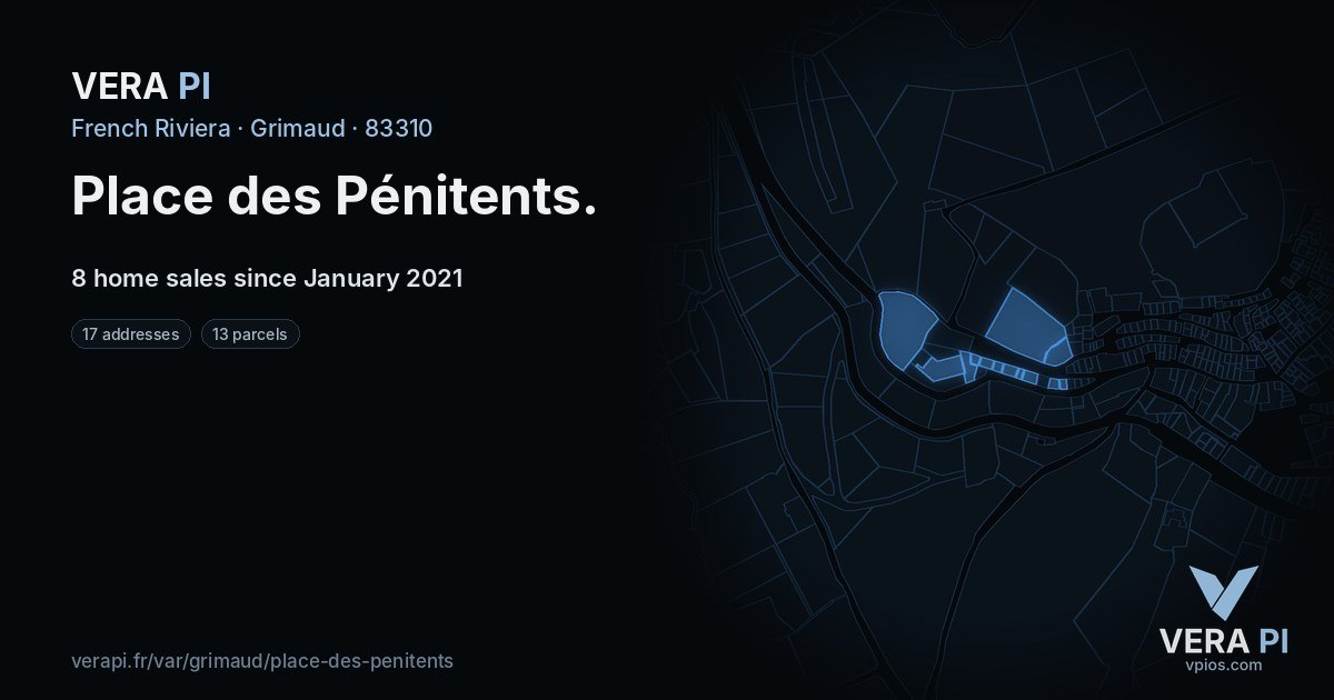 Place des Pénitents, Grimaud at night – every parcel coloured by the prices around it, the street's own parcels lit