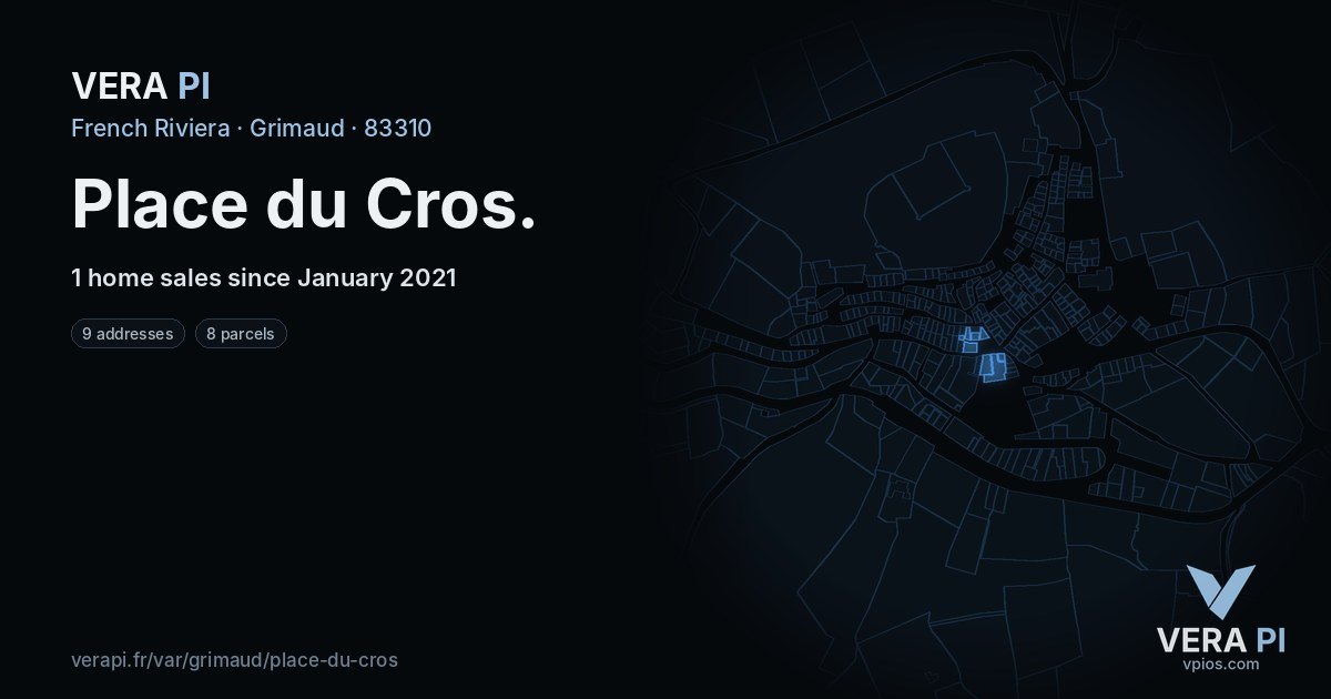 Place du Cros, Grimaud at night – every parcel coloured by the prices around it, the street's own parcels lit