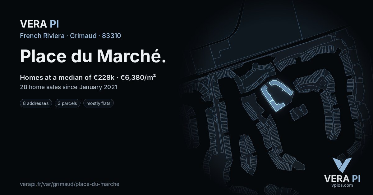 Place du Marché, Grimaud at night – every parcel coloured by the prices around it, the street's own parcels lit