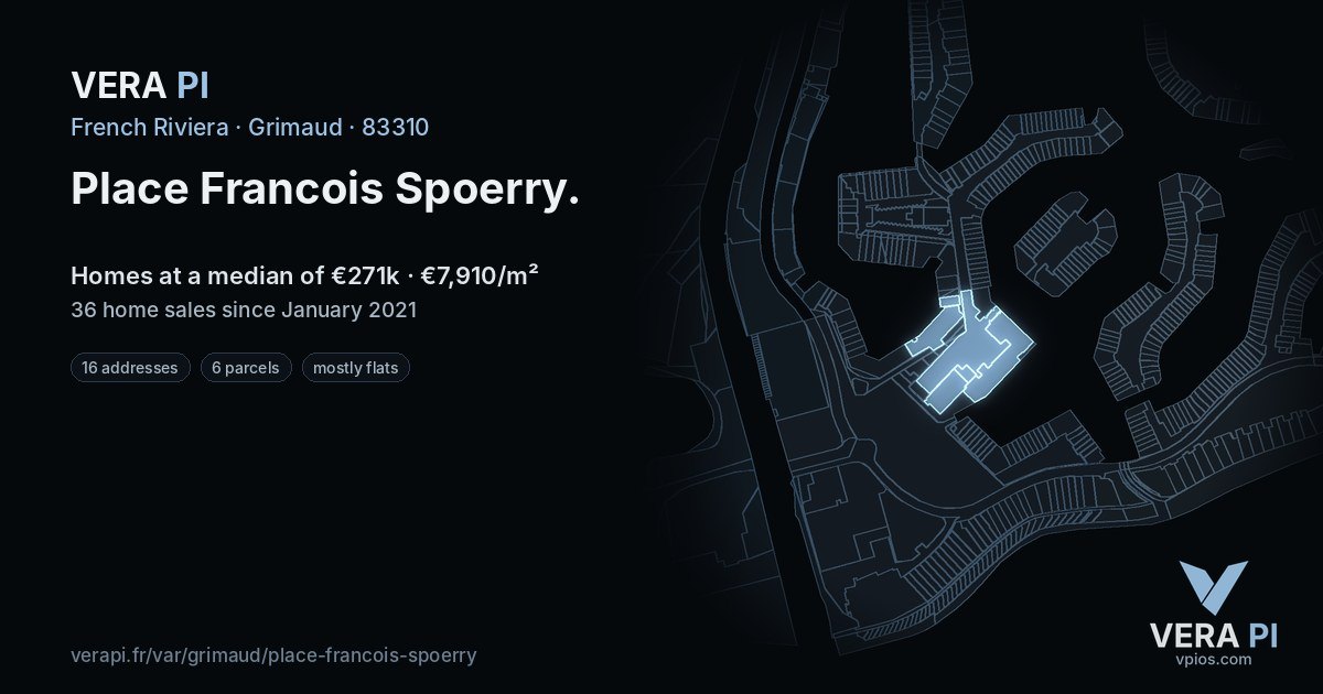 Place Francois Spoerry, Grimaud at night – every parcel coloured by the prices around it, the street's own parcels lit