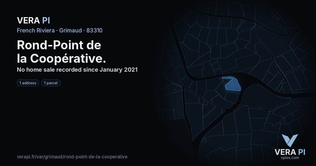 Rond-Point de la Coopérative, Grimaud at night – every parcel coloured by the prices around it, the street's own parcels lit