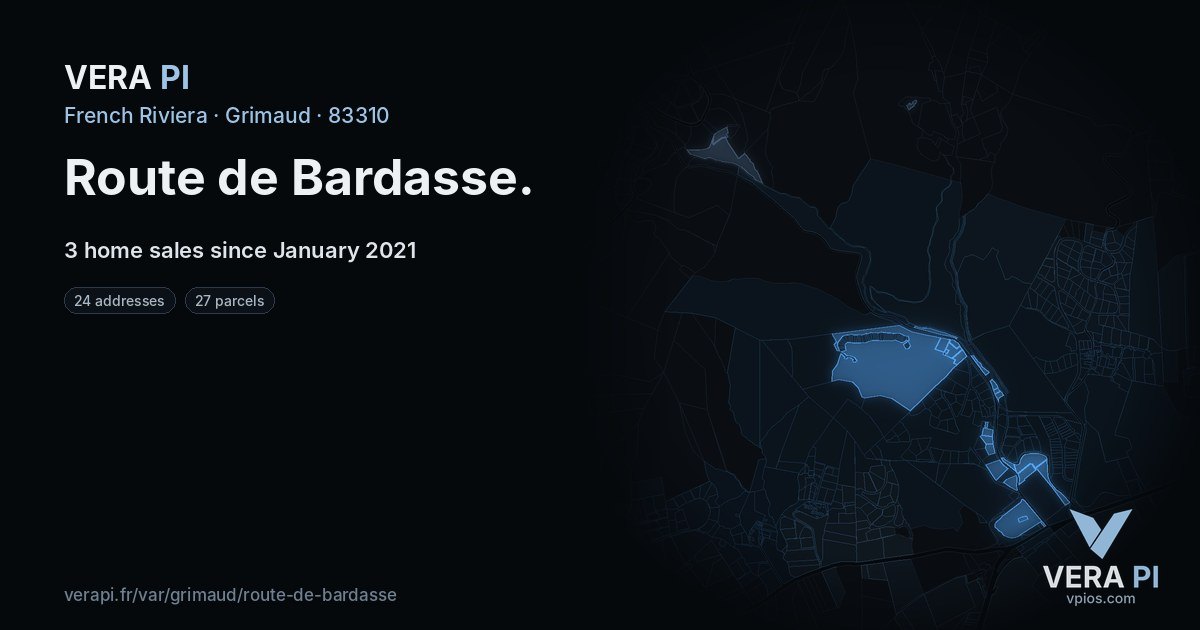 Route de Bardasse, Grimaud at night – every parcel coloured by the prices around it, the street's own parcels lit