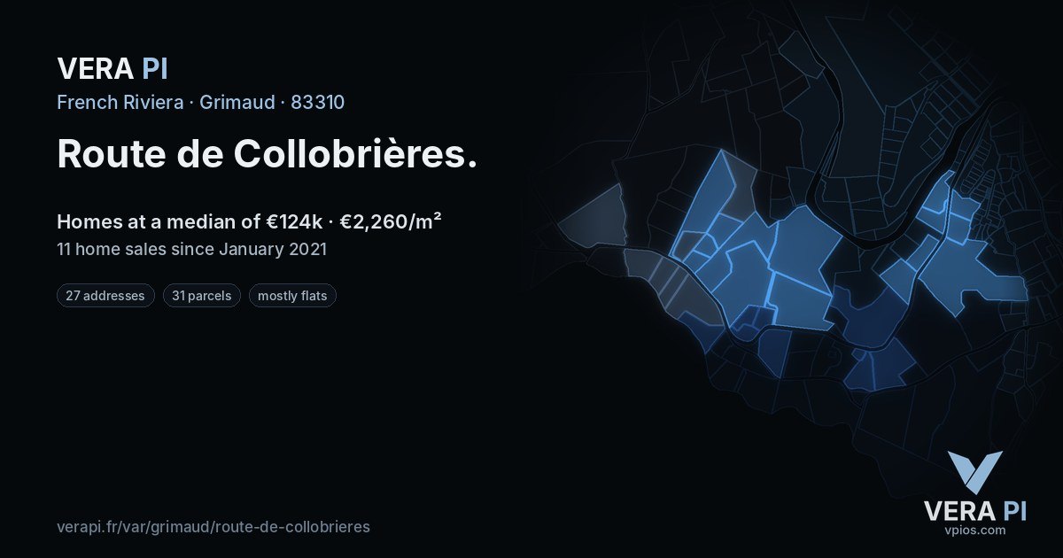 Route de Collobrières, Grimaud at night – every parcel coloured by the prices around it, the street's own parcels lit