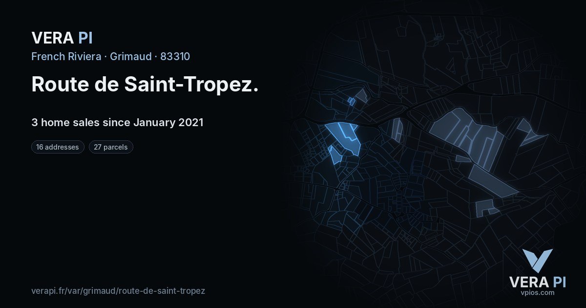 Route de Saint-Tropez, Grimaud at night – every parcel coloured by the prices around it, the street's own parcels lit