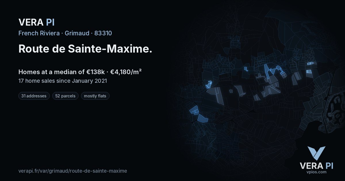 Route de Sainte-Maxime, Grimaud at night – every parcel coloured by the prices around it, the street's own parcels lit