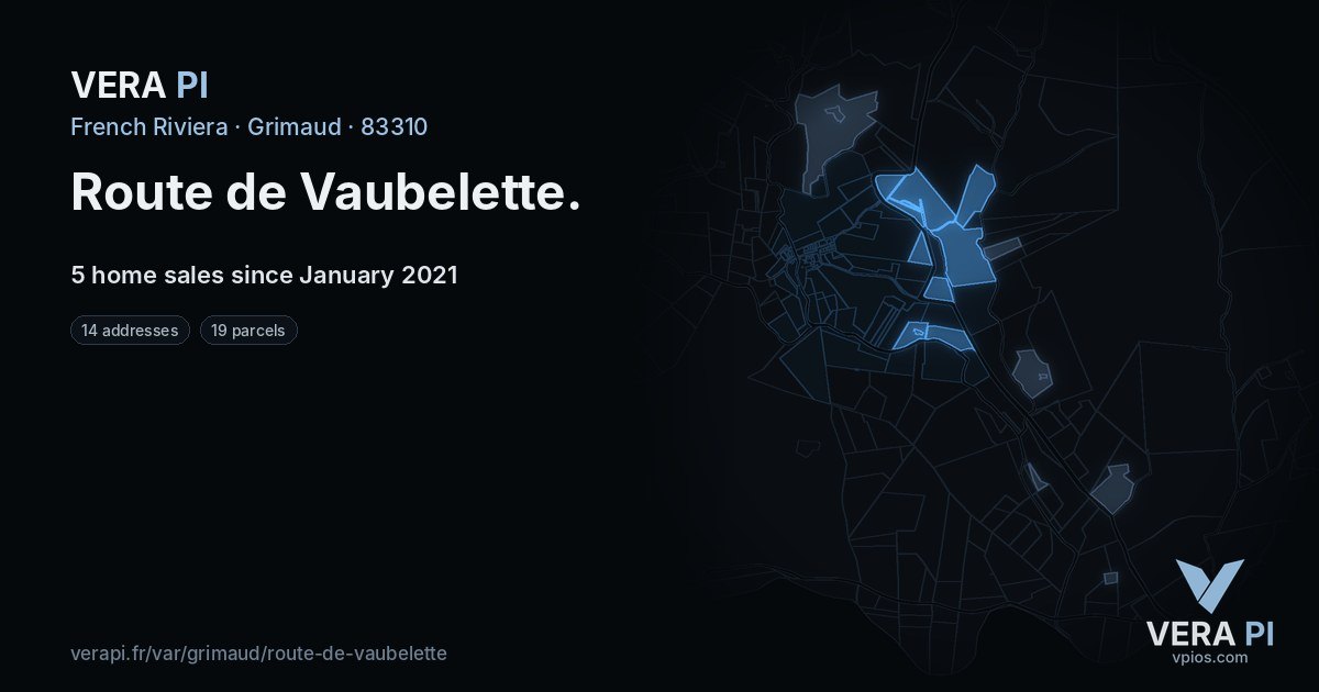 Route de Vaubelette, Grimaud at night – every parcel coloured by the prices around it, the street's own parcels lit