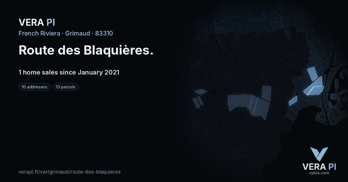 Route des Blaquières, Grimaud at night – every parcel coloured by the prices around it, the street's own parcels lit