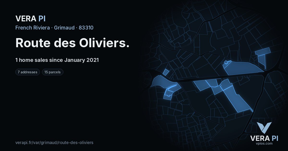 Route des Oliviers, Grimaud at night – every parcel coloured by the prices around it, the street's own parcels lit