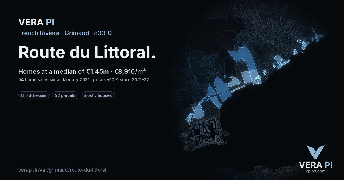 Route du Littoral, Grimaud at night – every parcel coloured by the prices around it, the street's own parcels lit