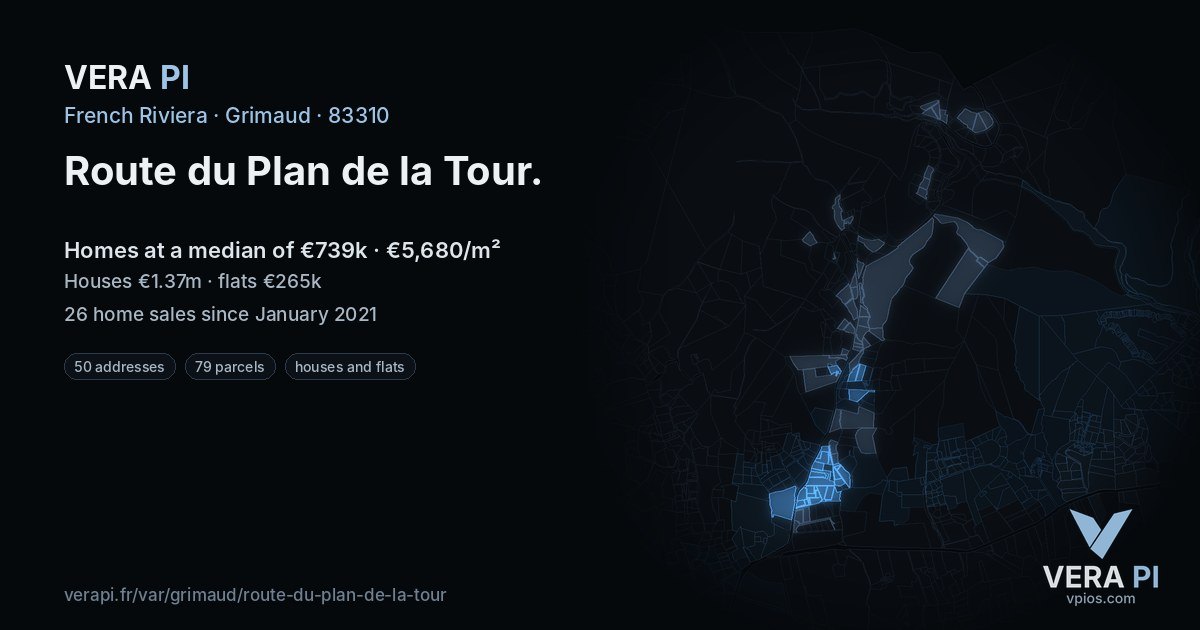 Route du Plan de la Tour, Grimaud at night – every parcel coloured by the prices around it, the street's own parcels lit