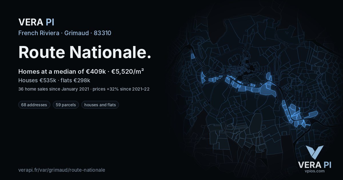 Route Nationale, Grimaud at night – every parcel coloured by the prices around it, the street's own parcels lit