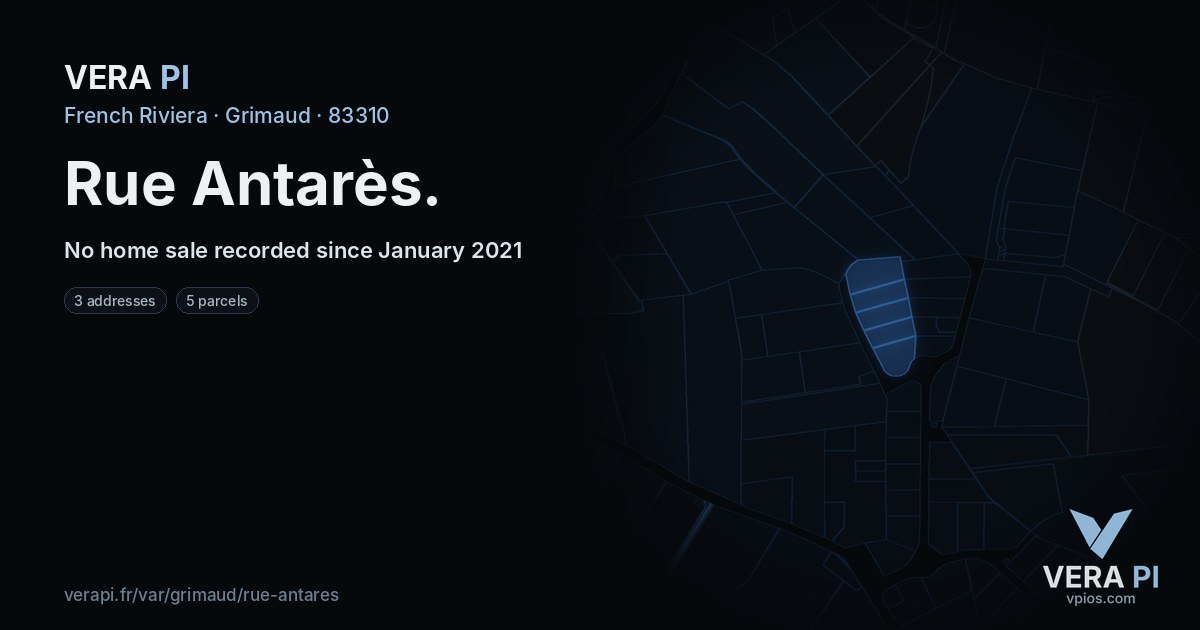 Rue Antarès, Grimaud at night – every parcel coloured by the prices around it, the street's own parcels lit